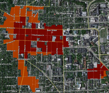Ann Arbor zoning. Darker red areas are zoned D1. Lighter brownish areas are zoned D2.