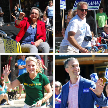 All the mayoral candidates participated in Ann Arbor's Fourth of July parade. Clockwise from upper left: Sabra Briere, Stephen Kunselman, Christopher Taylor, Sally Petersen.