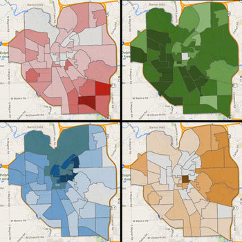 Precincts are colored by strength of each candidate. Kunselman (red), Taylor (green), Briere (blue) and Petersen (orange).