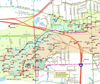 A section from a map showing the Pall Life Sciences 1,4 dioxane plume. The red dots indicate monitoring wells.