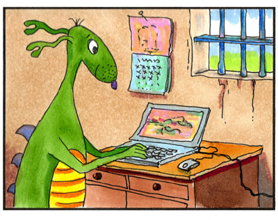 cartoon of alligator type creature reading a computer