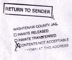 Return to Sender stamp from Washtenaw County Jail