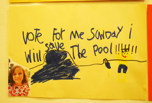 Keeping Mack Pool open is even a campaign issue for student council, based on this sign in the hallway.