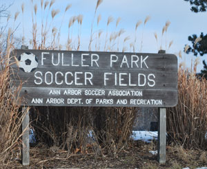 Sign at the entrance to the Fuller Park soccer fields, next to Fuller Pool.