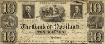 This 1837 currency from the Bank of Ypsilanti features cows, a sheep, and a beehive.