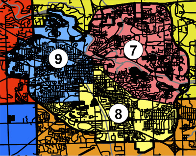 Map of Ann Arbor districts in a 9-district plan
