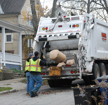 A leaf truck rented from Premier Truck Sales & Rental in action back in 2011 on the Old West Side in Ann Arbor.