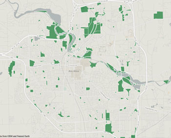 Dark green patches indicated city of Ann Arbor parkland