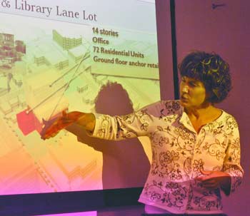 Cheryl Zuellig shows a slide of possible development on the Library Lane lot