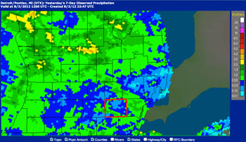 National Weather Service precipitation map for 7-day period from July 27 through Aug. 2.  Washtenaw County is outlined in red. Dark blue regions received up to 0.5 inches of rain. Light blue indicates up to 0.25 inch of rain. 