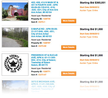 Screenshot of auction.com Washtenaw County listings for Sept. 6.