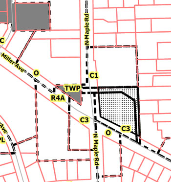 Speedway rezoning. The perimeter around the property on the east and north sides is zoned PL (public land) and is being rezoned to make clear that, although an easement exists, the responsibility for the propert is the private owners.