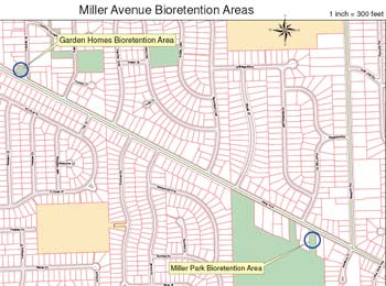 Map showing planned bioretention areas along Miller Avenue
