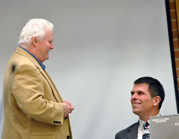 Left to right: Mike Anglin (Ward 5) and city administrator Steve Powers share a laugh before the meeting started.