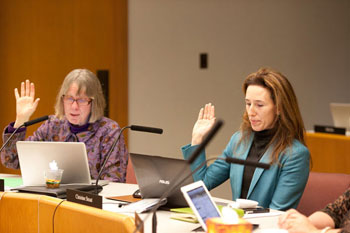 President Deb Mexicotte and vice president Christine Stead are sworn in as board officers.