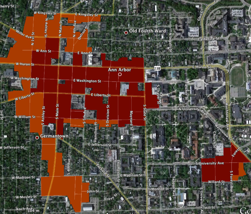 Ann Arbor zoning. Darker red areas are zoned D1. Lighter brownish 