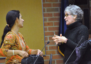Sumi Kailasapathy (Ward 1) chats with Kathe Wunderlich before the Feb. 11, 2013 city council work session.
