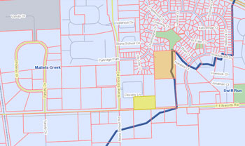 Parcel (shaded yellow) requested to be zoned as R3 (townhouse dwelling district). The blue boundary delineates the Malletts Creek watershed.