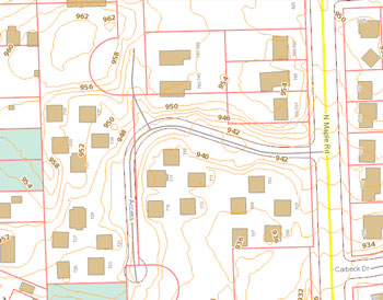 Two-foot contour map of the North Maple Estate property. The highest portion of the site is towards the north, where no units were built.