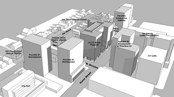 Rendering by Norman Tyler in Google Sketchup depicting the kind of buildings that would be possible under current D1 zoning.