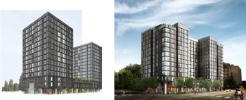 413 E. Huron project. Left is the original rendering considered by the planning commission. Right is an updated version presented to the city council on March 18, 2013