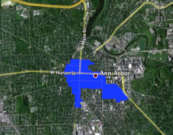 Ann Arbor Downtown Development Authority tax increment finance district is shown in blue.