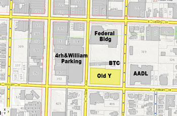 Highlighted in yellow is the location of the former YMCA lot, which the city of Ann Arbor is preparing to sell. A $3.5 million balloon payment on the property is due at the end of 2013.