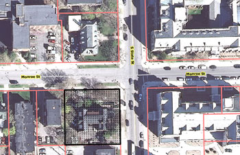 Aerial view of Theta Delta Chi property, at Monroe and State streets.