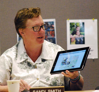 Sandi Smith was elected by her colleagues a chair of the Ann Arbor Downtown Development Authority board at its July 3, 2013 annual meeting. Here she's showing off the DDAs new website with her tablet. 