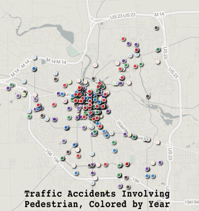 Traffic Accidents Involving a Pedestrian Colored by Year (Data from the MichiganCrashFacts.org, mapped by The Chronicle using geocommons.com)