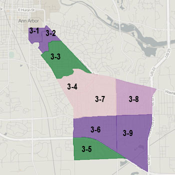 Map showing Ward 3 results in the Aug. 6, 2013 Demcratic primary for Ann Arbor city council. Precincts won by Stephen Kunselman are in purple. Those won by Julie Grand are in green.