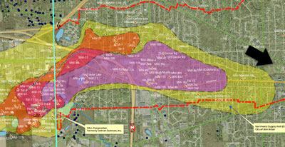 Map by of Pall-Gelman 1,4-dioxane plume. Map by Washtenaw County. Black arrow added to indicate baseball field at West Park. 