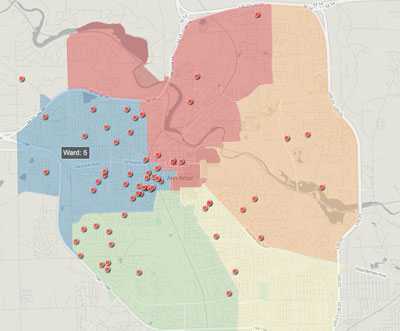 Mike Anglin:  Red dots correspond to addresses making contributions to his 2013 Ward 5 campaign.