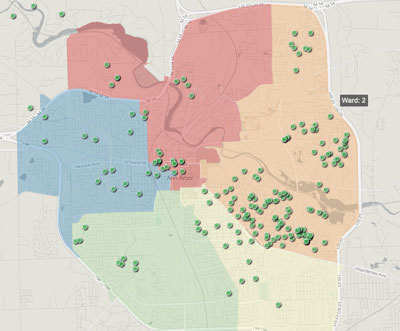 Jane Lumm:  Green dots correspond to addresses making contributions to her 2013 Ward 2 campaign.