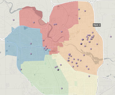 Kirk Westphal: Purple dots correspond to addresses making contributions to his 2013 Ward 2 campaign.
