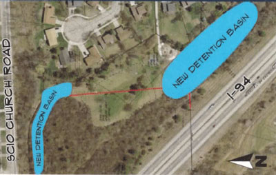 Proposed Eisenhower Park detention ponds. Cost estimate: $2.1 million. Surface area: 2.5 acres. Total volume: 470,000 cubic feet.