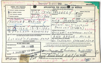Marion Frierson's widow Annie sent this form in 1960 to request a grave marker for her husband