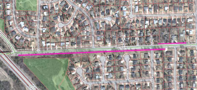 Purple indicates locations where no sidewalk exists.