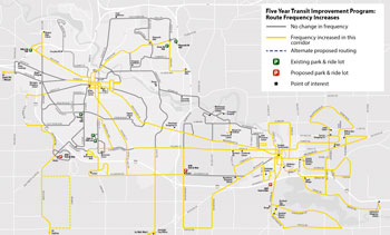 Yellow lines indicate routes along which the AAATA is planning frequency improvements as a part of its five-year transit improvement plan.