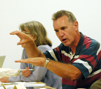 Frank Burdick at initial meeting of the wet weather sanitary sewer citizens advisory committee on Aug. 21, 2013. He's describing how a gravity-based back-up system would work.