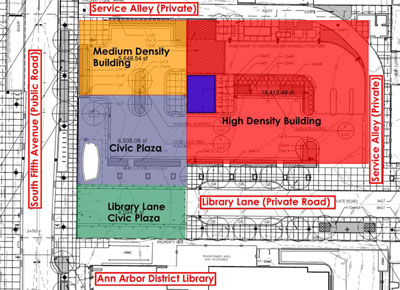 City staff diagram illustrating the building program for the top of the underground Library Lane parking structure.