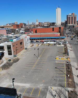 View to the east from Fourth & William parking structure, overlooking the Old Y lot on March 30, 2014. The lot had been closed off to any vehicle access.