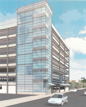 Image from preliminary drawings by the Carl Walker design team for renovated elevator and stair tower for the Fourth &amp; William parking structure.