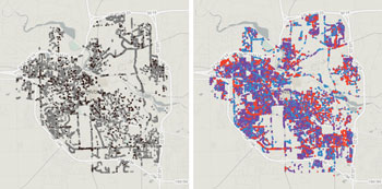 Left: Stumps (black) and vacant sites (gray). Right: Maples (purple), Crabapples (red) and oaks (blue).  Maps by The Chronicle from the city's 2009 tree inventory. 