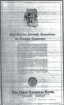 Ypsilanti's First National Bank took out a triumphant quarter-page ad when they processed a single transaction with an exotic 'foreign country'. June 9, 1931 Ypsilanti Daily Press.