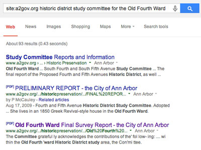 Screenshot of search results from "site:a2gov.org historic district study committee for the Old Fourth Ward"