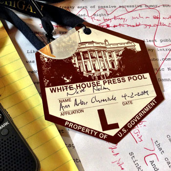 I'd totally planned to take a sort of half-joking, post-ironic selfie with PotUS in the background. But watching all these other folks do exactly this same thing  (1) drove home how painfully unoriginal my originality is; and (2) was totally, totally mortifying. So here's a photo of my press pass instead.