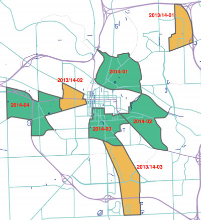 Areas of the city of Ann Arbor where sidewalk repair will be done in 2013 and 2014. 