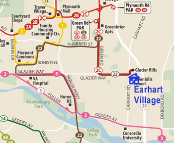 Route map is the current route configuration of AAATA fixed route buses from the AAATA route map. Label and icon for Earhart Village added by The Chronicle. 