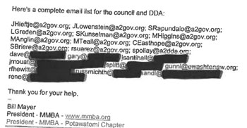 Image of redactions made for email addresses of DDA board members on the grounds that to disclose them would be a clearly unwarranted invasion of privacy.